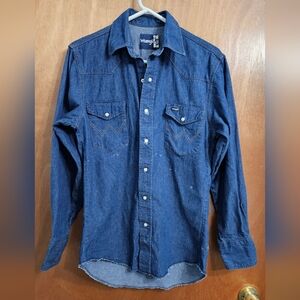 Wrangler Denim Western Shirt Mens Long Tails Cowboy Pearl Snap Blue